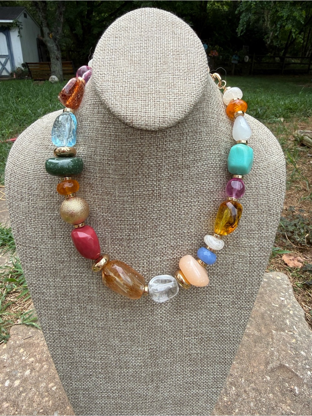 Multicolor Bead Statement Necklace - Bold Mixed Resin and 18K plated gold Beads